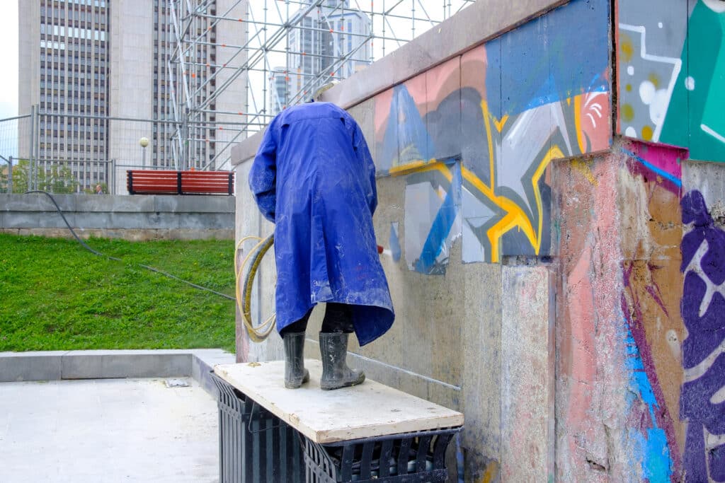 Russia, Yekaterinburg, August 14, 2019 a man in a raincoat washes away graffiti on the city wall with a stream of water and chemicals. destruction of modern art. Understanding the Basics of Removing Graffiti