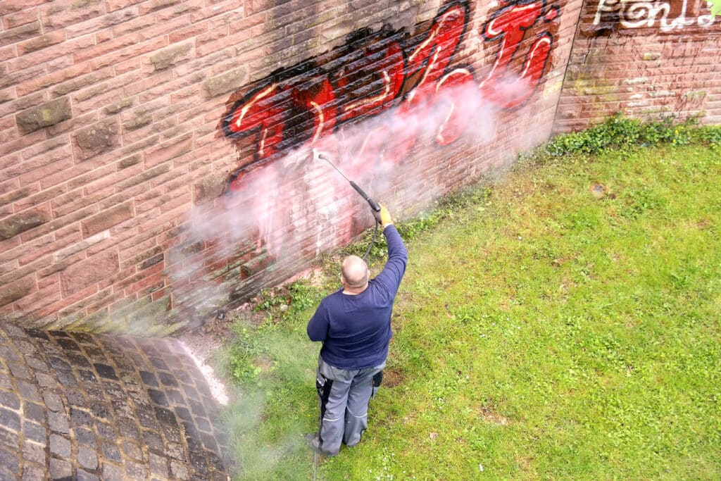 GERMANY, FRANKFURT AM MAIN - May 07.2014 : Worker of municipal service of city cleans a wall from graffiti. Understanding the Basics of Removing Graffiti